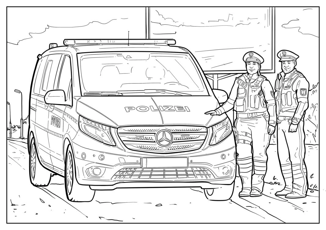 Kolorowanka policjanci pokazują nowy samochód mercedes